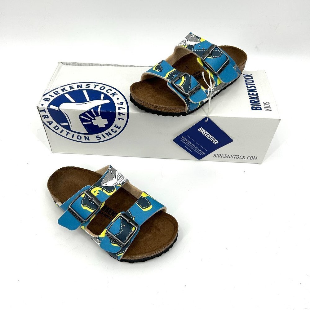 NIB BIRKENSTOCK Boys Kids Arizona Blue Gray Shark Slip On Sandals Shoes 26 / 8